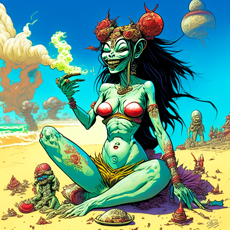 Generate a one of a kind artwork of Chinese Goddess Mazu in a happy and stoned mood, smoking a joint in skimpy swimsuits, at a beach on an alien planet using Todd McFarlane's artwork style with proper human details. 