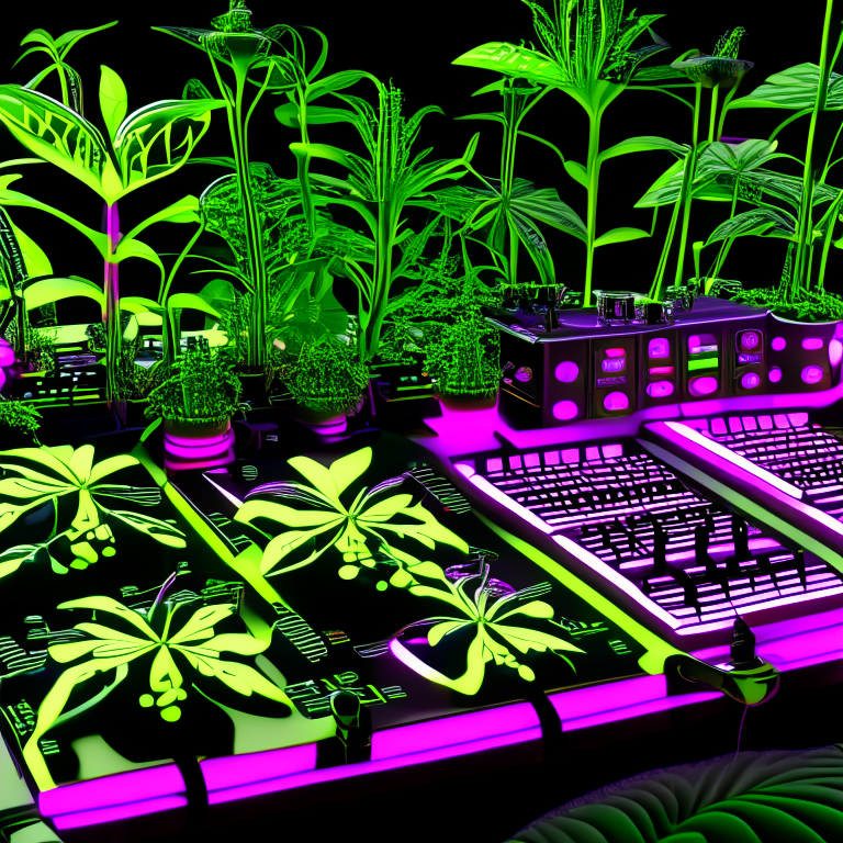 a complex midi controller with waveform display is  surrounded by huge cannabis plants, high-detail, digital art, but simplified at night with cinematic lighting