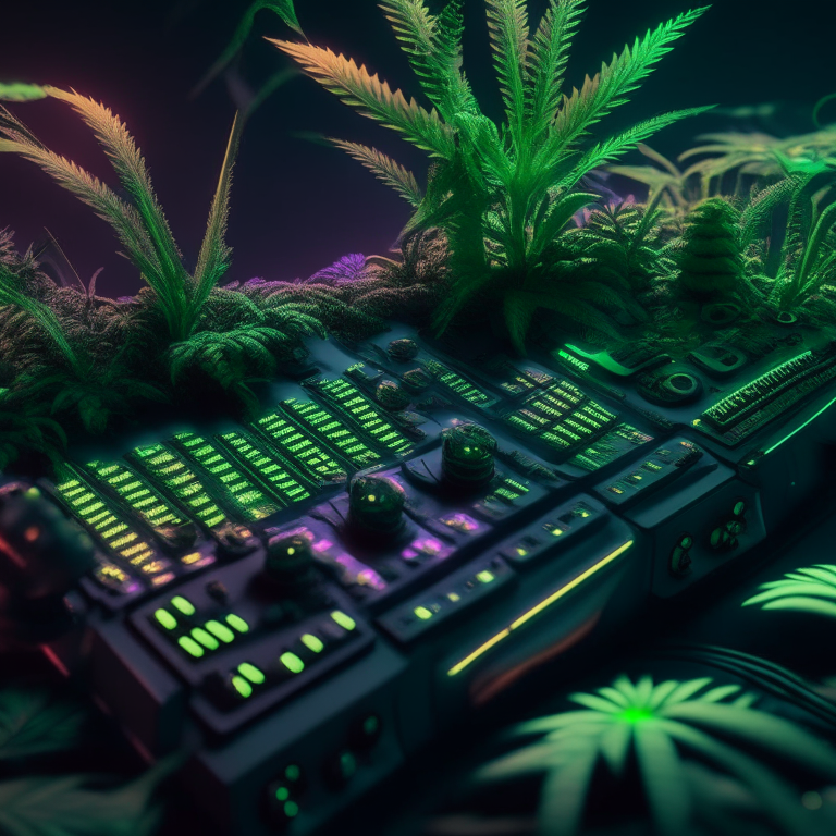 a complex midi controller with waveform display is  surrounded by huge cannabis plants, high-detail, digital art, but simplified at night with cinematic lighting