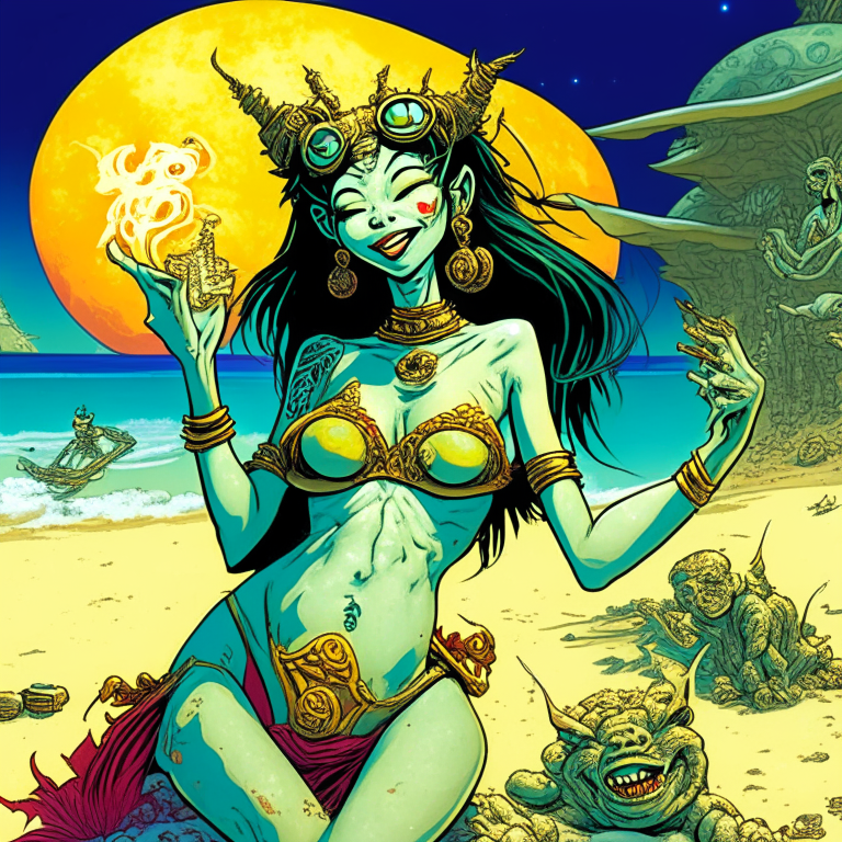 Generate a one of a kind artwork of Chinese Goddess Chang'e in a happy and stoned mood, smoking a joint in skimpy swimsuits, at a beach on an alien planet using Todd McFarlane's artwork style with proper human details. 