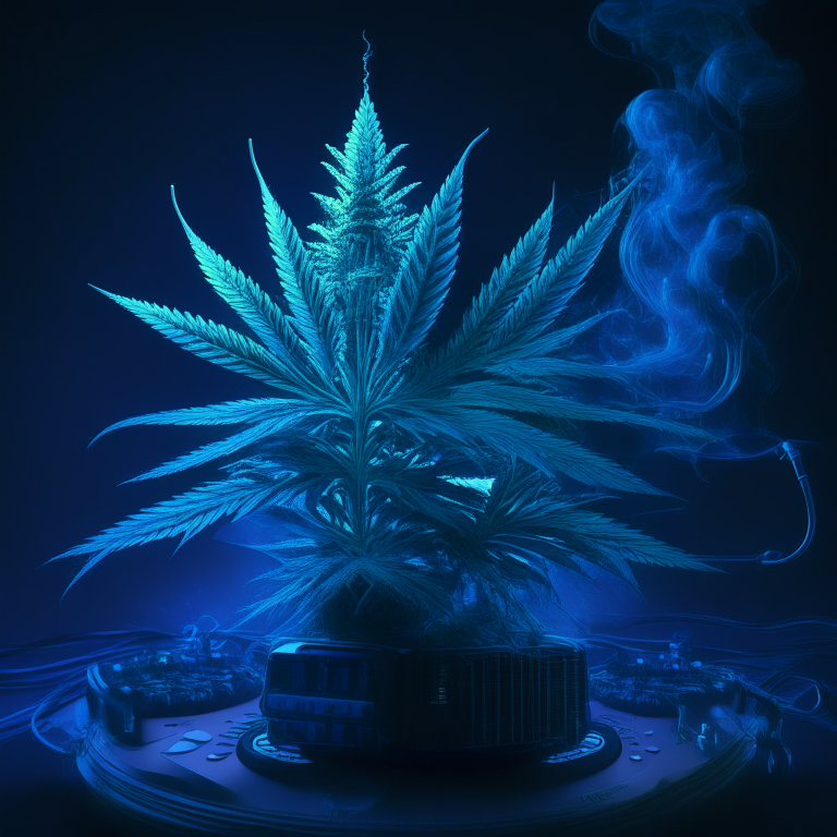 a complex synthesizer with waveform display is  surrounded by huge cannabis buds, high-detail, digital art, but simplified at night with cinematic lighting