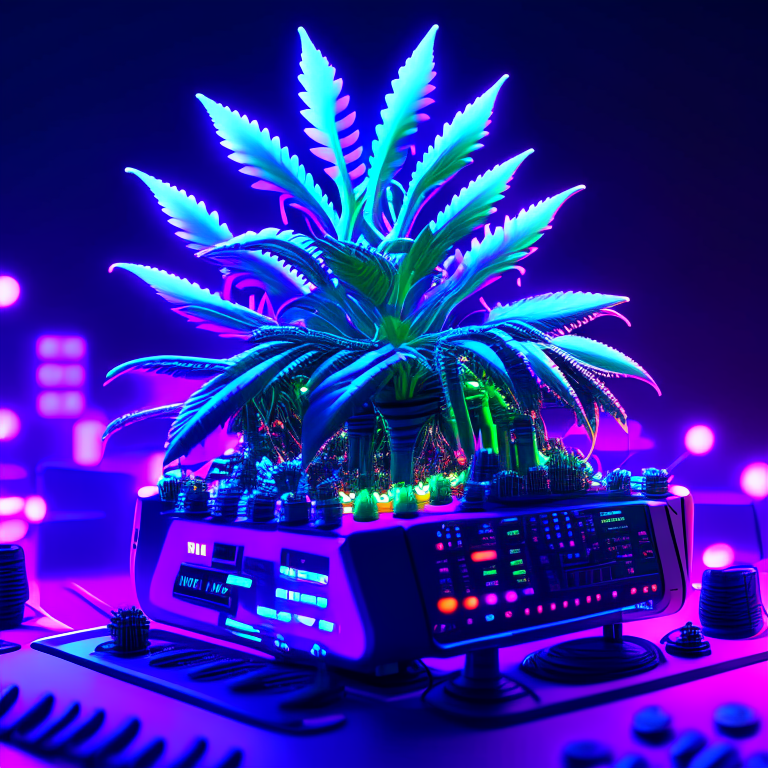 a complex synthesizer with waveform display is  surrounded by huge cannabis buds, high-detail, digital art, but simplified at night with cinematic lighting