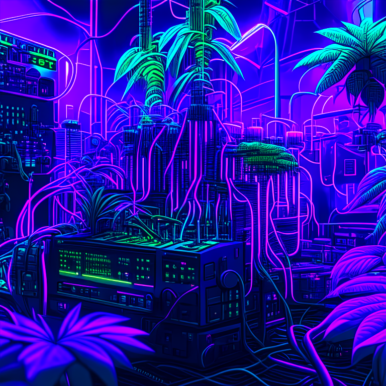 a complex synthesizer with colored patch cables is  surrounded by huge cannabis plants in a grow room, high-detail, digital art, but simplified at night with cinematic lighting