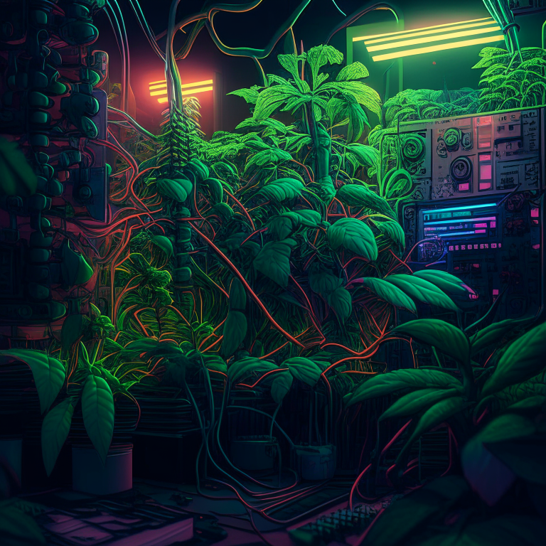 a complex synthesizer with colored patch cables is  surrounded by huge cannabis plants in a grow room, high-detail, digital art, but simplified at night with cinematic lighting