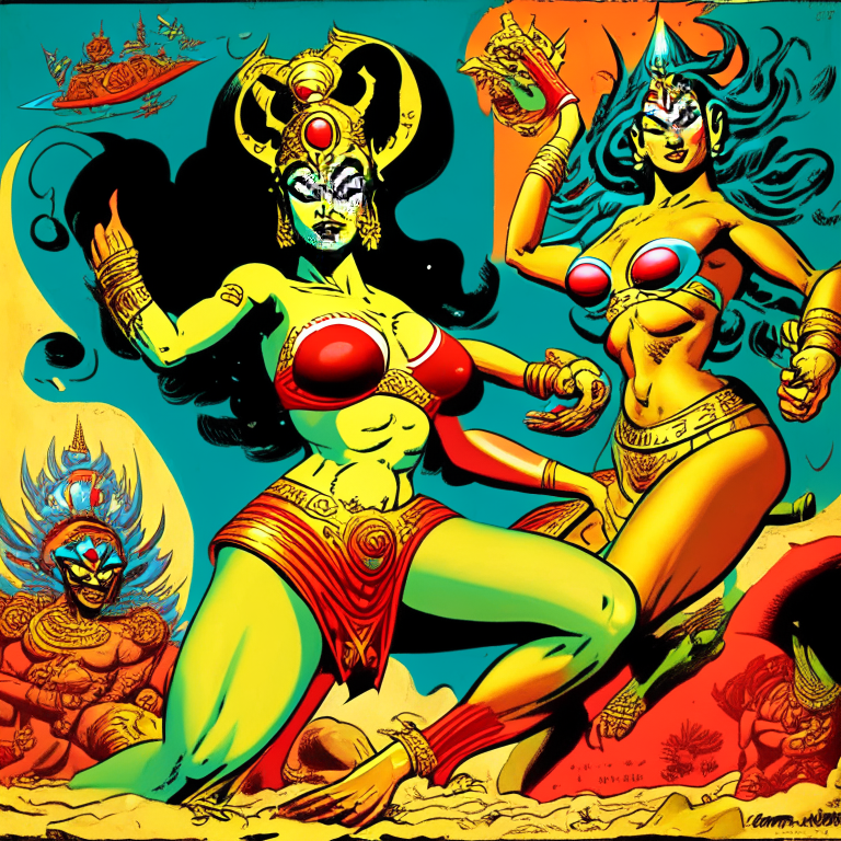 Generate a one of a kind artwork of Chinese Goddess Guan Yin fighting Hindu Goddess Kali in skimpy swimsuits, on an alien planet using Jack Kirby's artwork style with proper human details. 