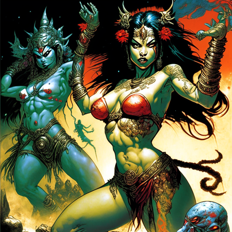 Generate a one of a kind artwork of Chinese Goddess Guan Yin fighting Hindu Goddess Kali in skimpy swimsuits, on an alien planet using Jim Lee's artwork style with proper human details. 