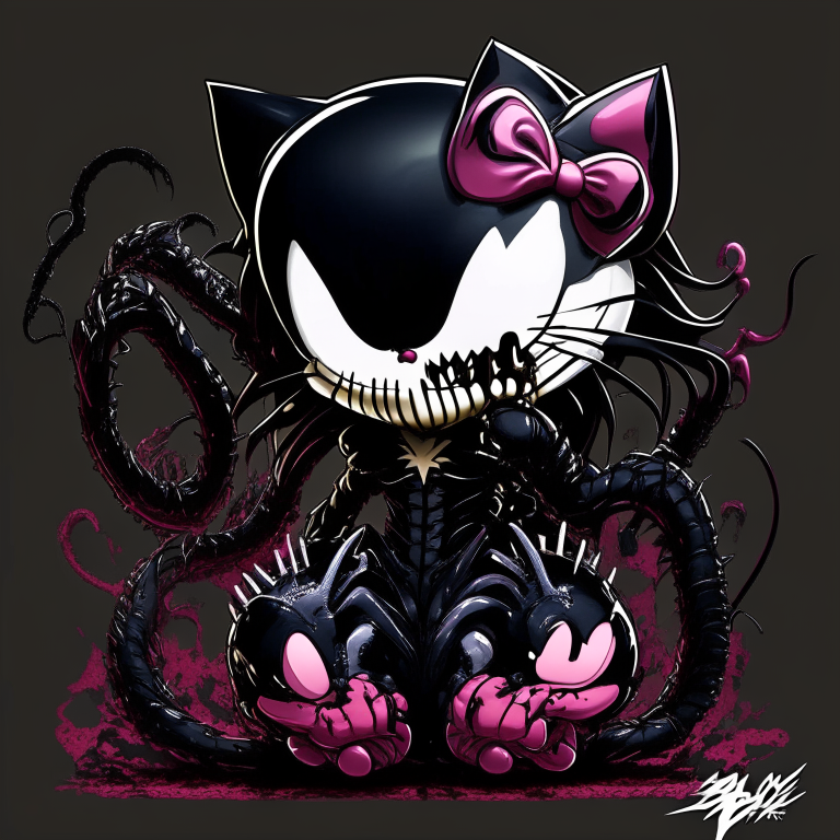 a 2D image with Hello Kitty and Venom combined, leaning towards Venom's characteristics