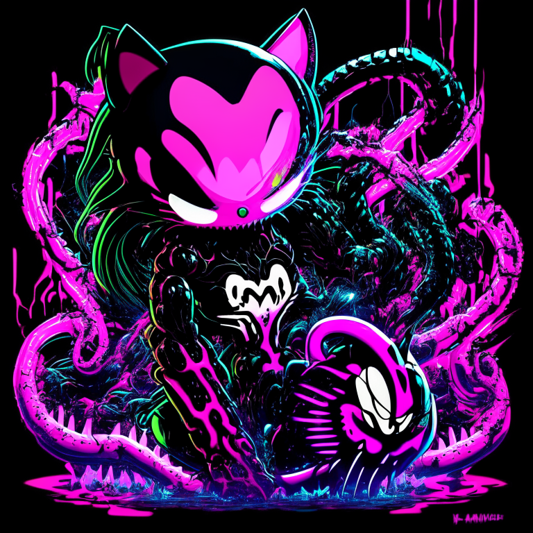 a 2D image with Hello Kitty and Venom combined, leaning towards Venom's characteristics, with a neon background