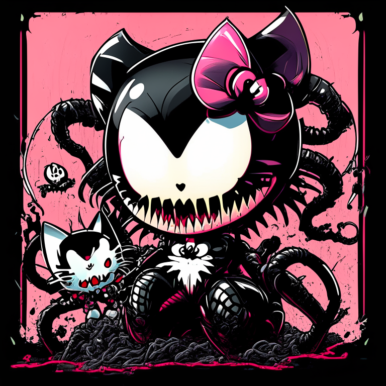 a 2D image with Hello Kitty and Venom combined, with a comic book style