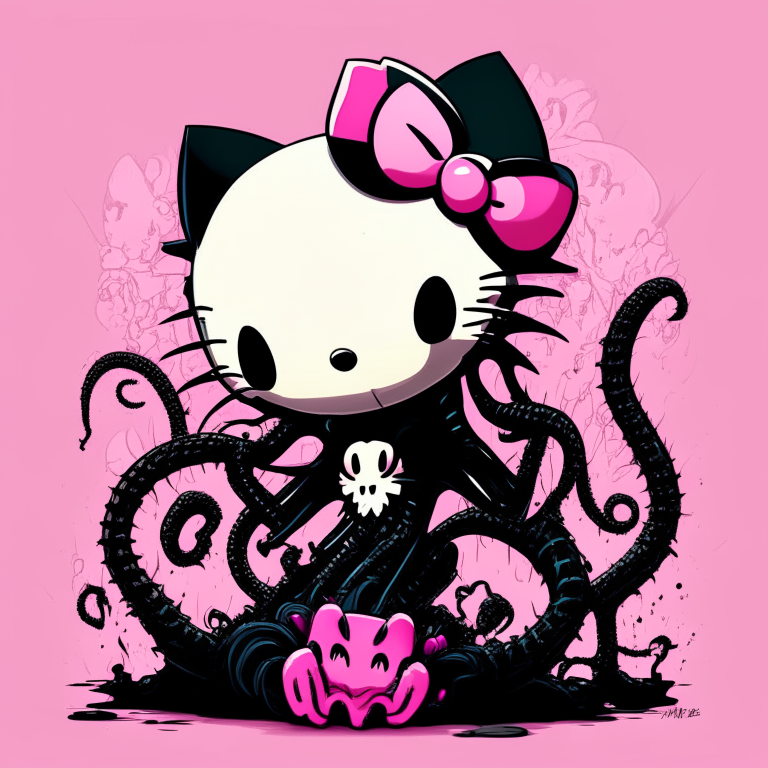 a 2D image with Hello Kitty and Venom combined, leaning towards Hello Kitty's characteristics, with a pastel background