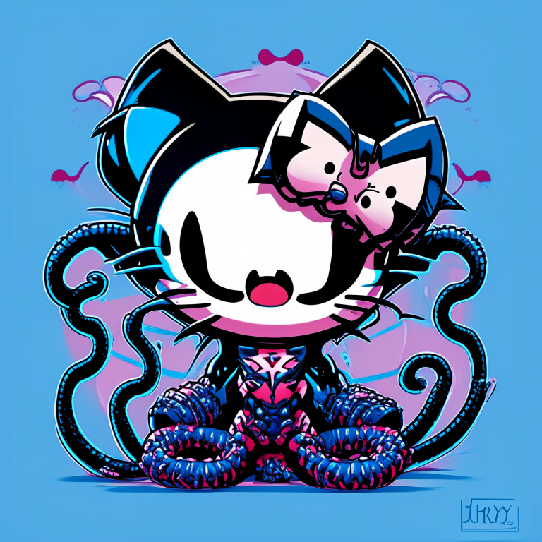 a 2D image with Hello Kitty and Venom combined, with a flat drawing style and a blue background