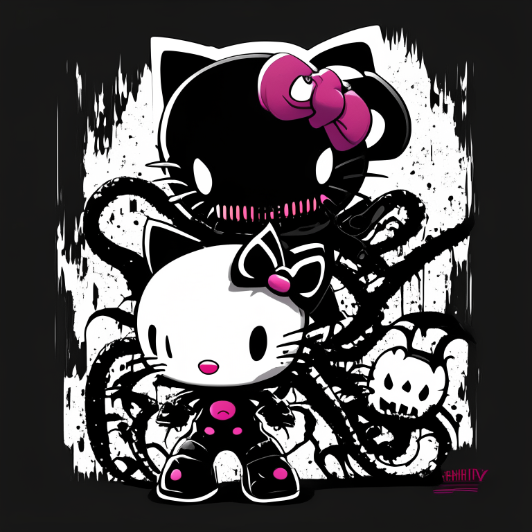 a 2D image with Hello Kitty and Venom combined, leaning towards Hello Kitty's characteristics, with a black and white color scheme