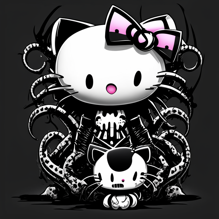 a 2D image with Hello Kitty and Venom combined, leaning towards Hello Kitty's characteristics, with a black and white color scheme and high detail