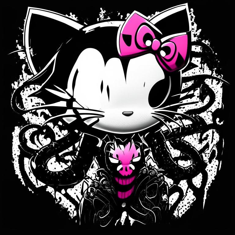 a 2D image with Hello Kitty and Venom combined, with 50% of Hello Kitty's characteristics and 50% of Venom's characteristics, with a black and white color scheme and high detail, only showing the head