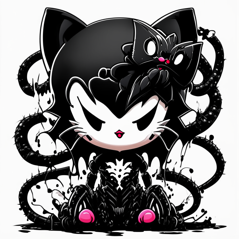 a 2D image with Hello Kitty and Venom combined, with 50% of Hello Kitty's characteristics and 50% of Venom's characteristics, with a black and white color scheme and high detail, only showing the head and keeping Venom's eyes and mouth