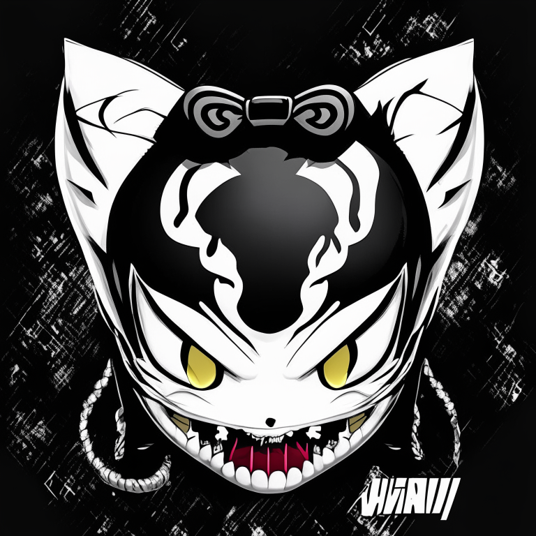 a 2D image with Hello Kitty's headpiece and face shape combined with Venom's eyes and mouth, with a black and white color scheme and high detail, only showing the head and keeping Venom's eyes and mouth