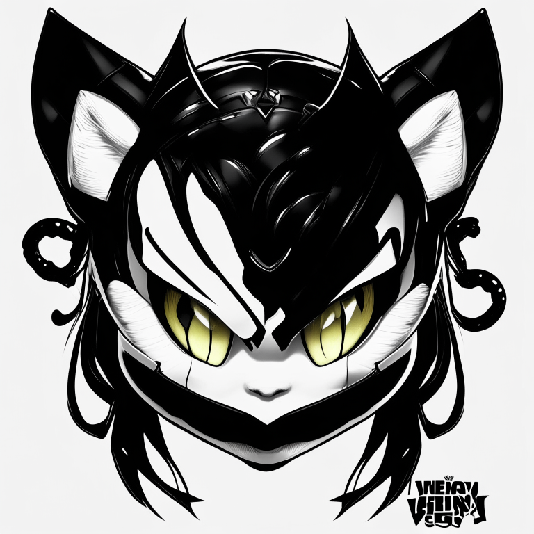 a 2D image with Hello Kitty's headpiece and face shape combined with Venom's eyes and mouth, with a black and white color scheme and high detail, only showing the head and keeping Venom's eyes and mouth