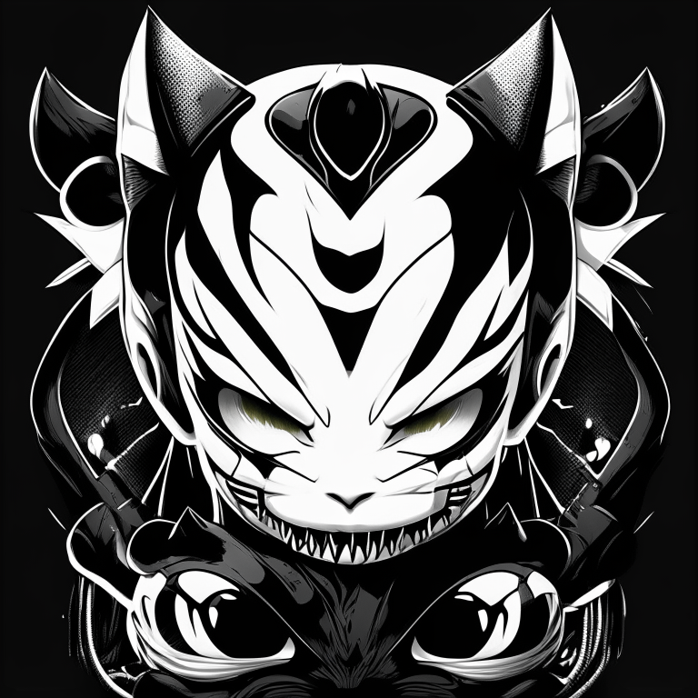 a 2D image with Hello Kitty's headpiece and face shape combined with Venom's eyes and mouth, with a black and white color scheme and high detail, only showing the head and keeping Venom's eyes and mouth