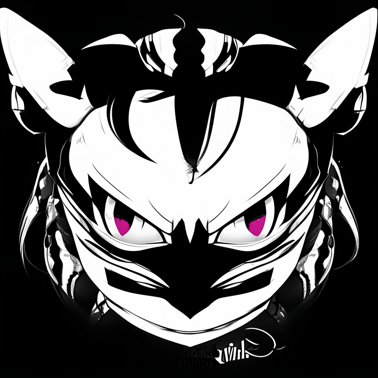 a 2D image with Hello Kitty's headpiece and face shape combined with Venom's eyes and mouth, with a black and white color scheme and high detail, only showing the head and keeping Venom's eyes and mouth