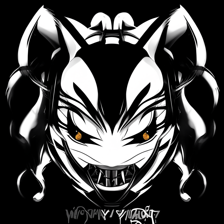 a 2D image with Hello Kitty's headpiece and face shape combined with Venom's eyes and mouth, with a black and white color scheme and high detail, only showing the head and keeping Venom's eyes and mouth