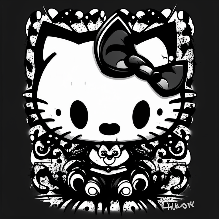 hello kitty with venom's eyes and teeth, black and white, flat style