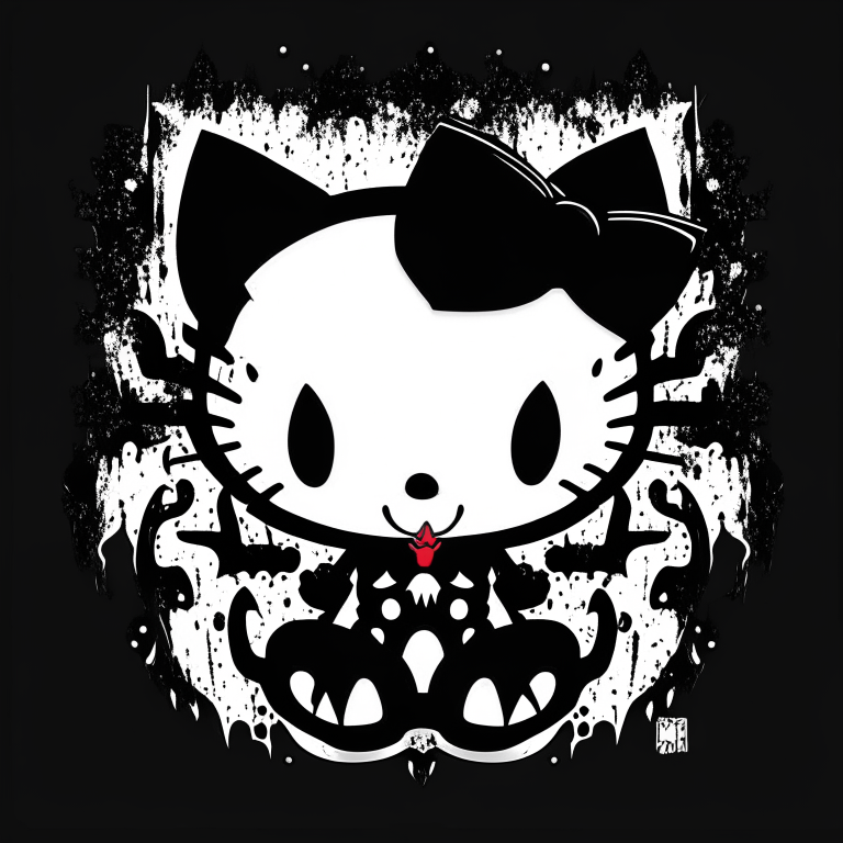 hello kitty with venom's eyes and teeth, black and white, flat style