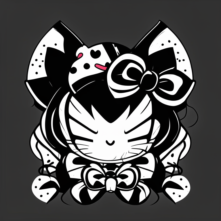 venom with hello kitty's bow and face, black and white, flat style