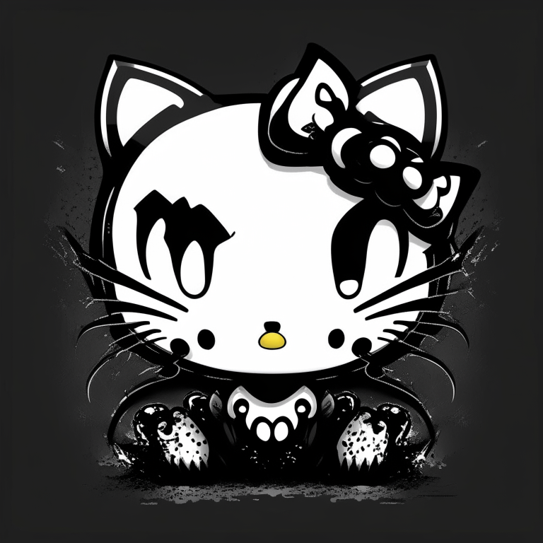 hello kitty with venom's eyes and teeth, black and white, flat style