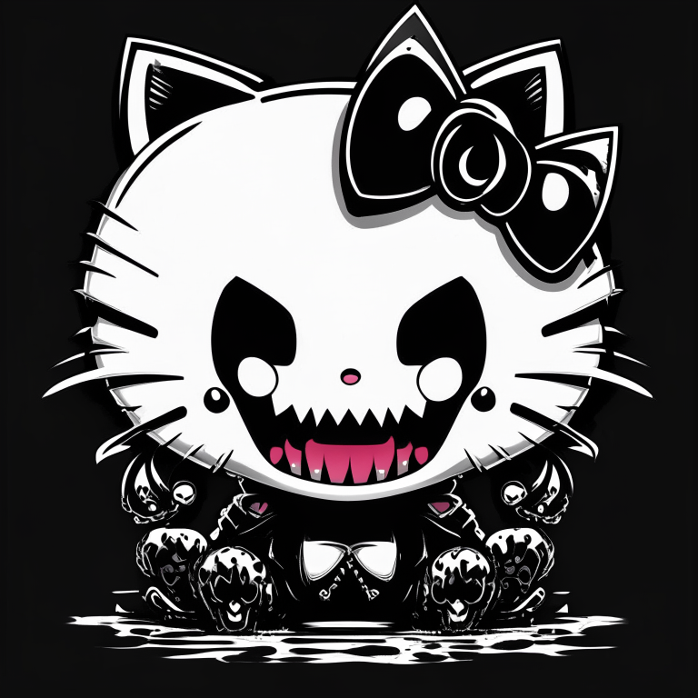 hello kitty with venom's eyes and teeth, black and white, flat style