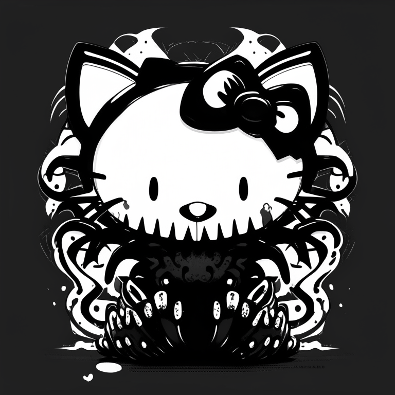 hello kitty with venom's eyes and teeth, black and white, flat style