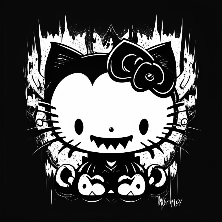 hello kitty with venom's eyes and teeth, black and white, flat style