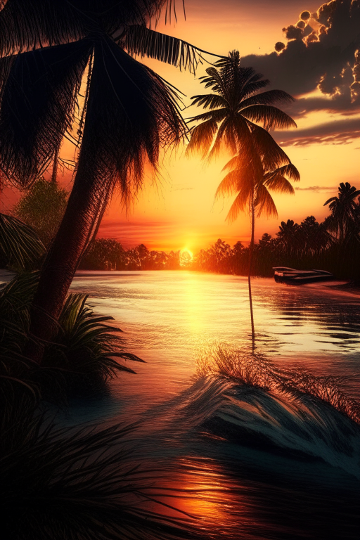 A sunset near the beach , coconut trees, Surfing in river, ultra realistic, high textures, HDR