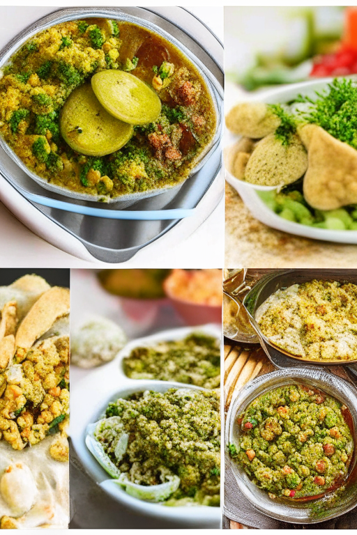 a collage of Mediterranean diet dishes including hummus, falafel, tabbouleh, baba ganoush, and stuffed grape leaves, with colorful dishes and white margins on the sides, top, and bottom