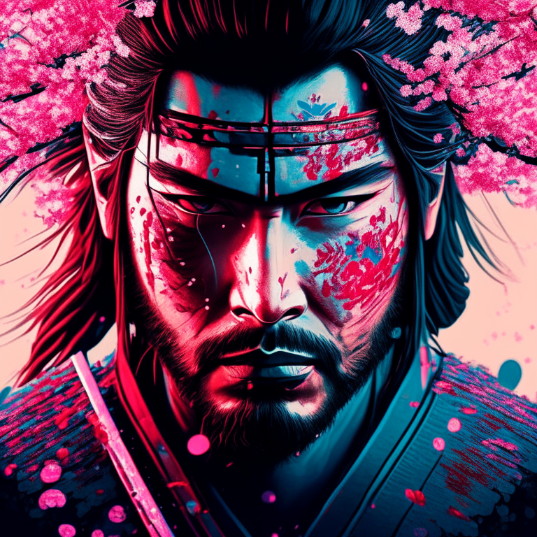 samurai. cherry blossoms. close-up. Expressive samurai eyes. Hyperdetalization. Realism. Movie. The last samurai. Bright colors. Contrast. Dynamic samurai pose