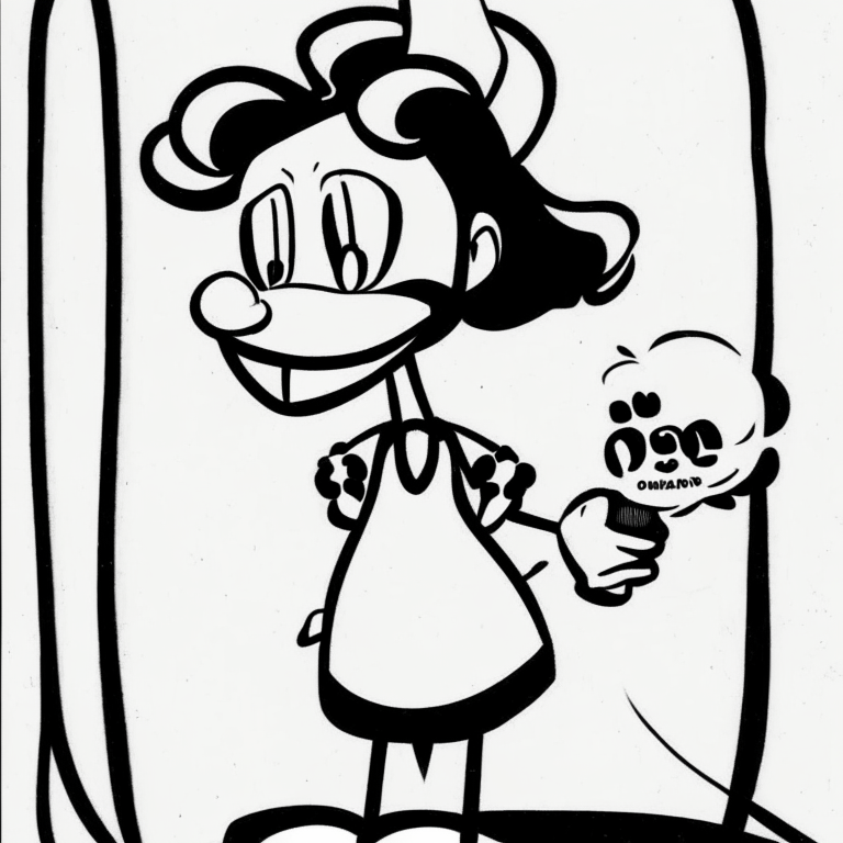 a black and white drawing of a cartoon character wearing a dress from the 1930s