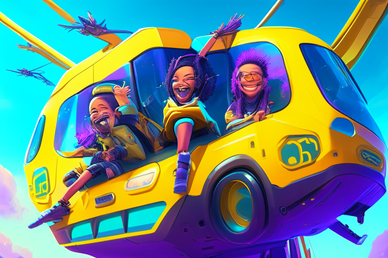 happy children in a futuristic flying school bus inspired by the cyberpunk school bus from Fortnite