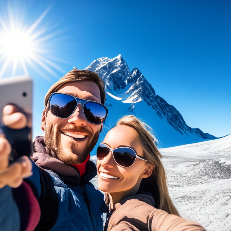 a couple taking a selfie in front of a mountain range with a clear blue sky
