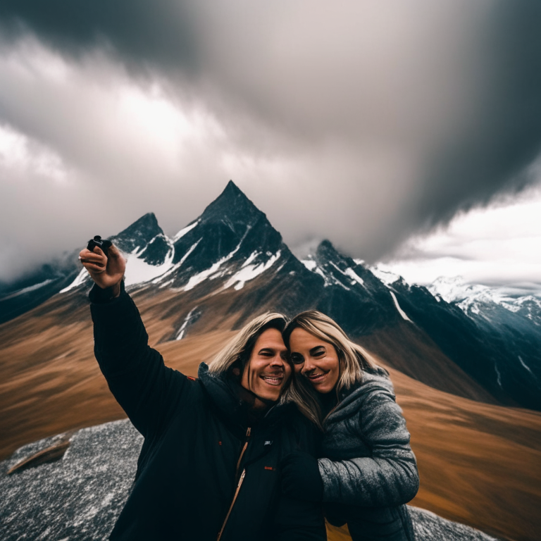 a couple taking a selfie in front of a mountain range with a cloudy sky