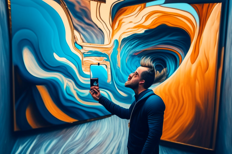 a man taking a selfie in front of a surreal, abstract painting