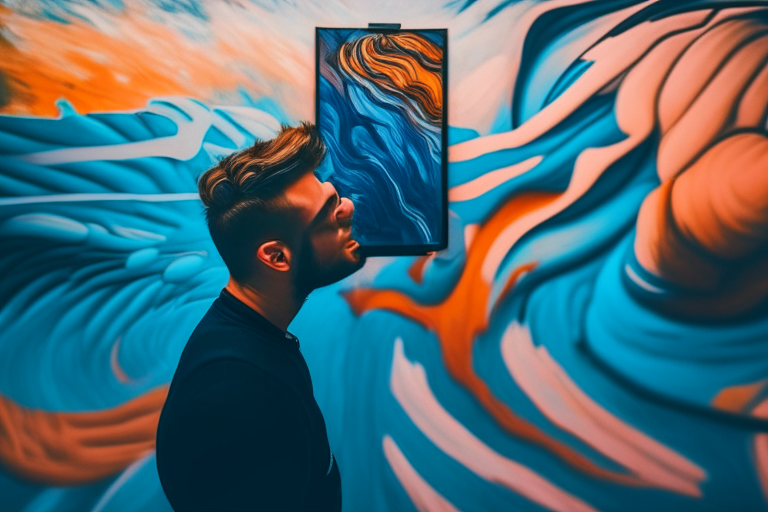 a man taking a selfie in front of a surreal, abstract painting