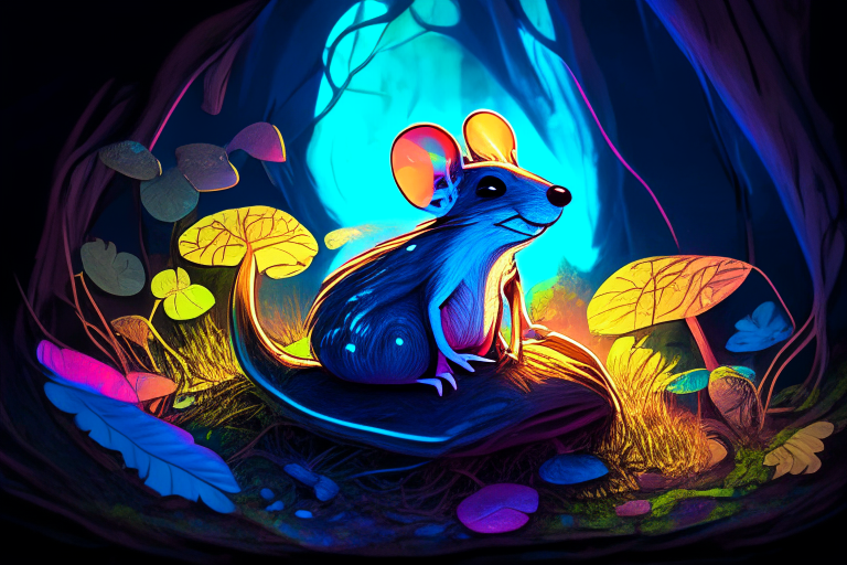 A Paun Rat sitting on a mushroom in a dark forest. The rat is glowing with a blue light, and it has a mischievous grin on its face. The mushroom is large and colorful, and it has a glowing aura around it. The forest is full of trees and plants, and the sun is shining through the leaves. The image is vibrant and colorful, and it has a magical feel to it.