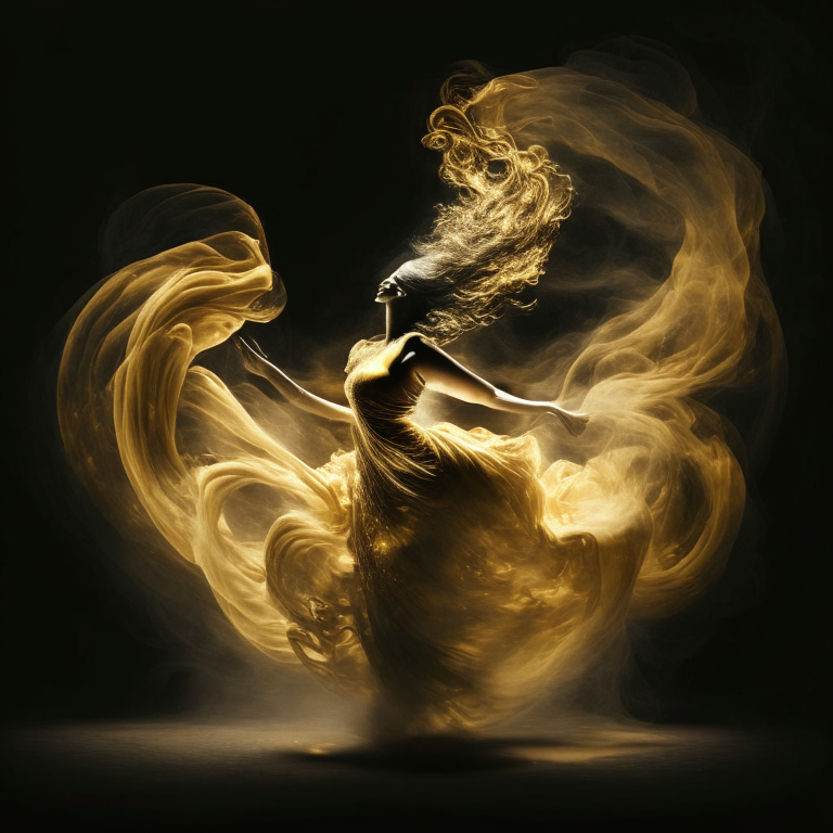 a woman dancing and worshipping in whirling gold smoke