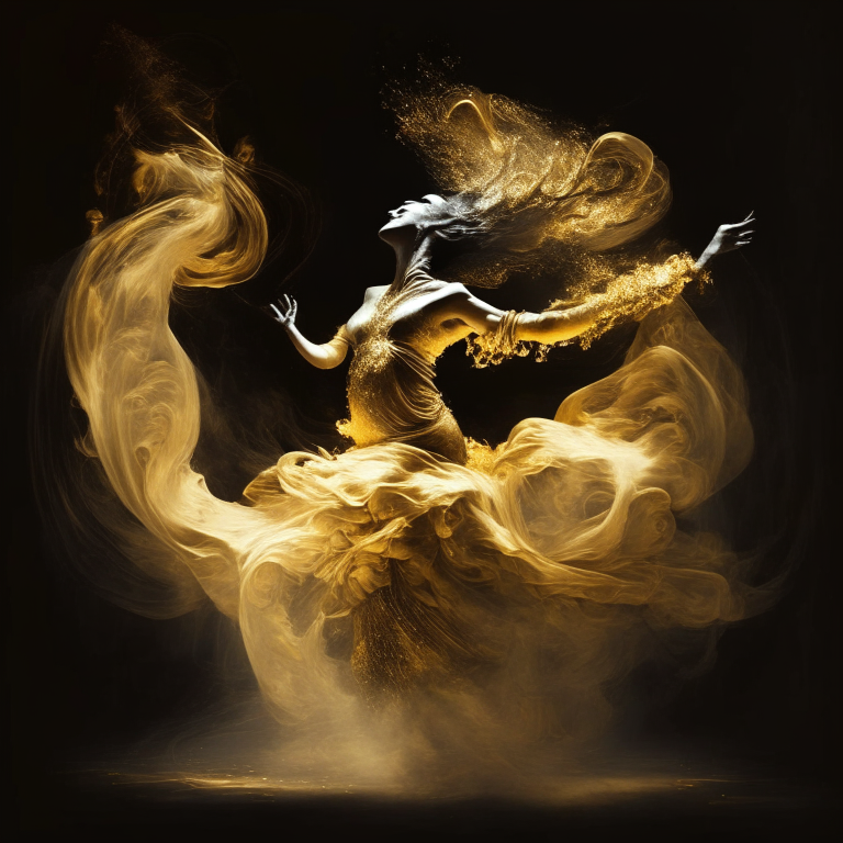 a women dancing and worshipping in whirling gold smoke