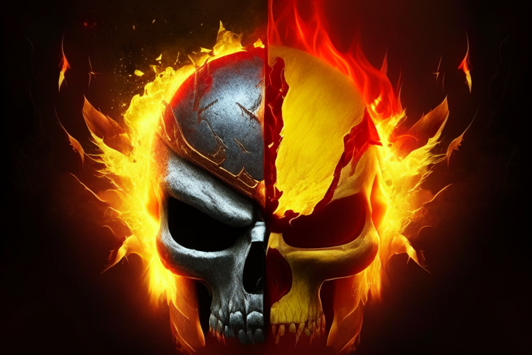 Spartan skull, fire eyes, lightning in front, with red and yellow fire behind