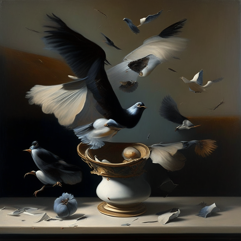 Classic still life painting turning to flying birds