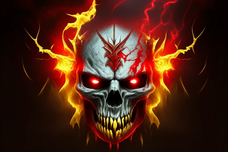 spartan skull, eyes fire, lightning, with red and yellow electric fire, vampire fangs with blood