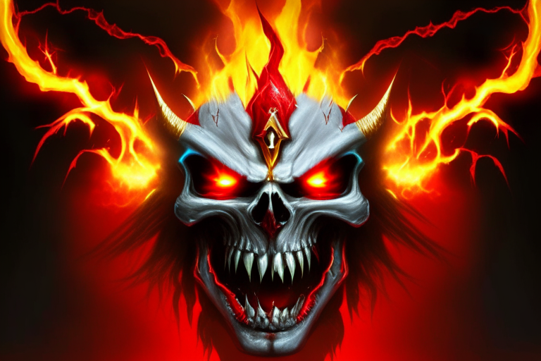 mumm ra skull, eyes fire, lightning, with red and yellow electric fire, vampire fangs with blood