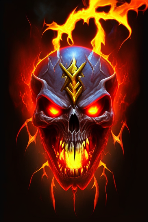 skeletor skull, eyes fire, lightning, with red and yellow electric fire, vampire fangs with blood