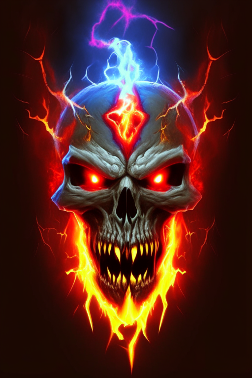 skeletor skull, eyes fire, lightning, with red and yellow electric fire, vampire fangs with blood