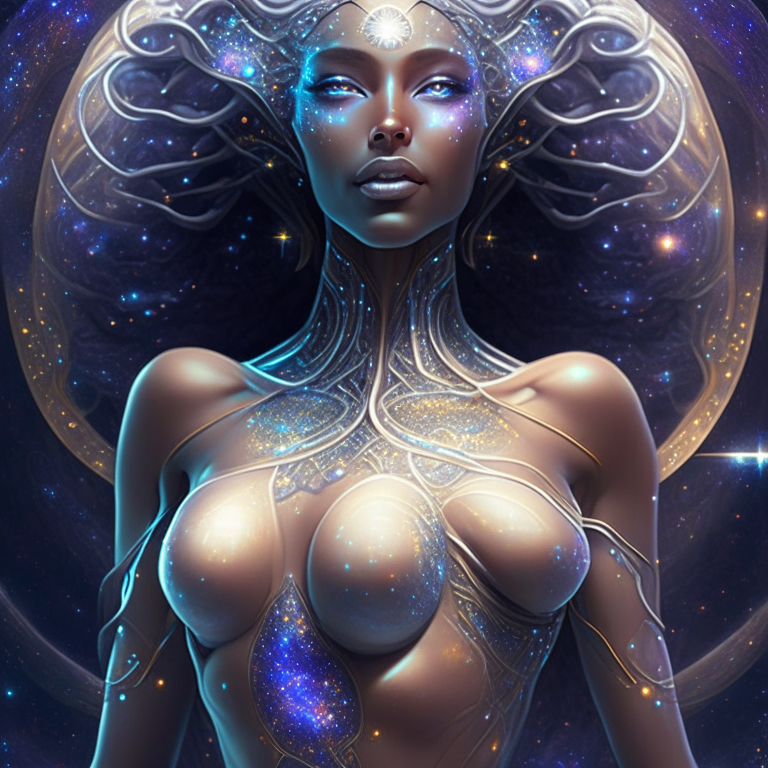 The universe becoming to a georgeous cosmic futuristic goddess with a perfect natural body and deep look, all done with hard detail 